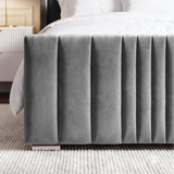[King | Grey] Bed frame footboard close-up with knit throw draped and vertical channels belowA