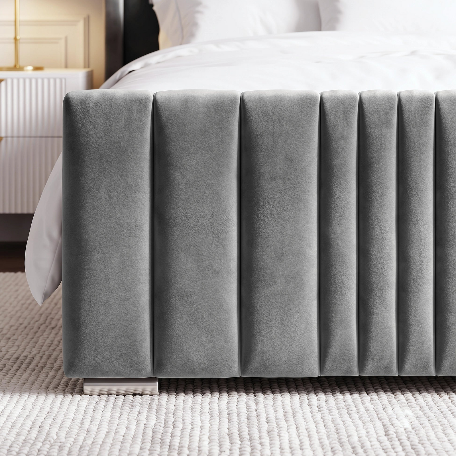 [King | Grey] Bed frame footboard close-up with knit throw draped and vertical channels belowA