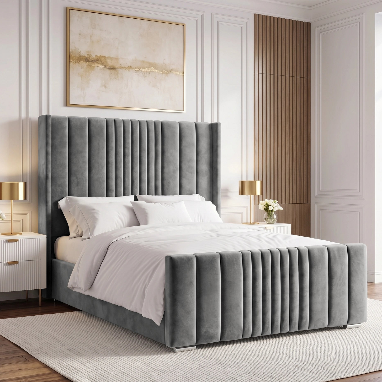 [King | Grey] Side angle of winged ottoman bed with vertical channel-stitched headboard and matching footboard