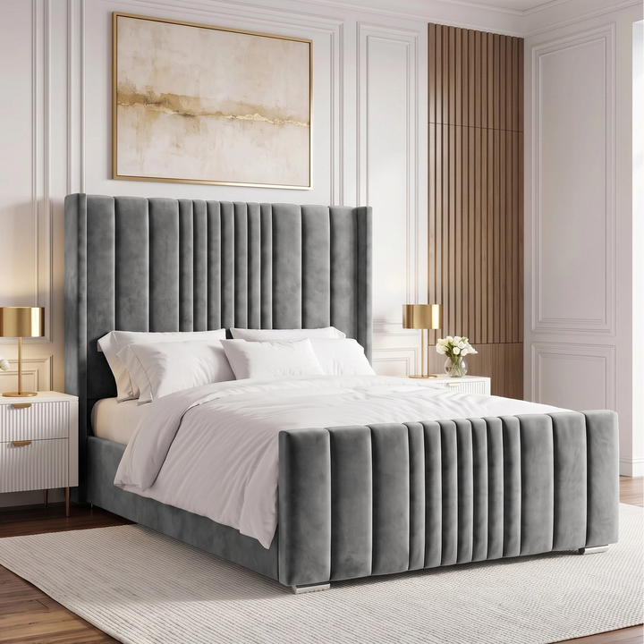 [King | Grey] Side angle of winged ottoman bed with vertical channel-stitched headboard and matching footboard