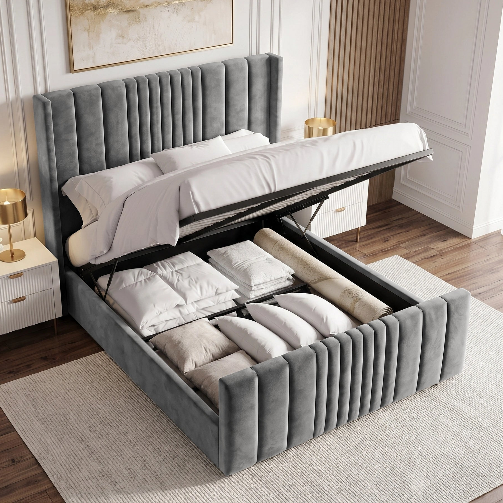 [King | Grey] upholstered bed frame with a matching headboard and footboard, styled in a modern bedroom setting with a white duvet, pillows, a matching ottoman, a gray rug, and dark wood flooring.