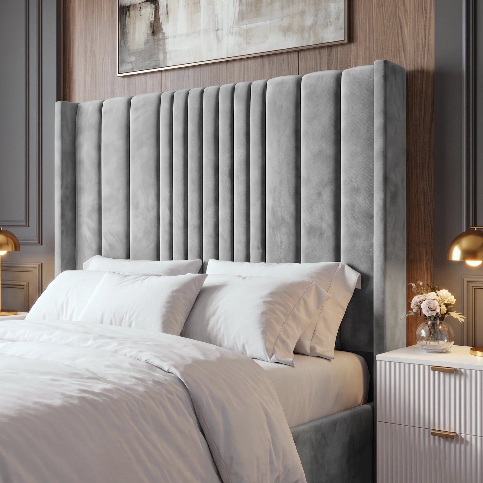 [King | Light Grey] upholstered headboard in light gray velvet with vertical channel tufting, shown on a bed with white bedding in a modern bedroom setting.