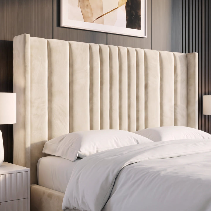 [King | Beige] Close-up tall winged headboard with deep vertical channel stitching on the ottoman bed frame