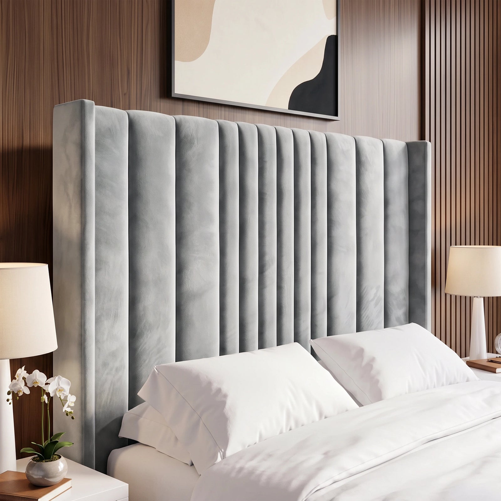 [Double | Light Grey] Winged headboard scene with channelled wall in a modern bedroom