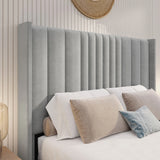 [Double | Light Grey] Close-up tall winged headboard with deep vertical channel stitching on the ottoman bed frame