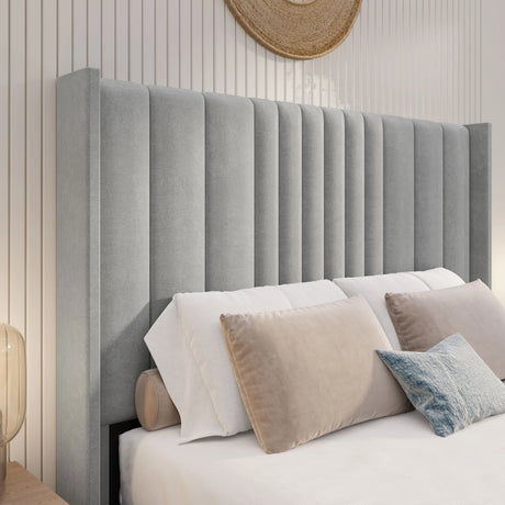 [Double | Light Grey] Close-up tall winged headboard with deep vertical channel stitching on the ottoman bed frame