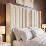 [King | Beige] Close-up tall winged headboard with deep vertical channel stitching on the ottoman bed frame