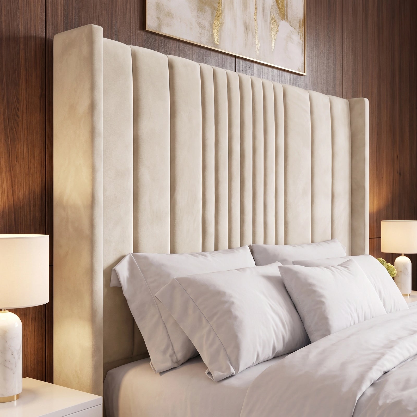 [King | Beige] Close-up tall winged headboard with deep vertical channel stitching on the ottoman bed frame