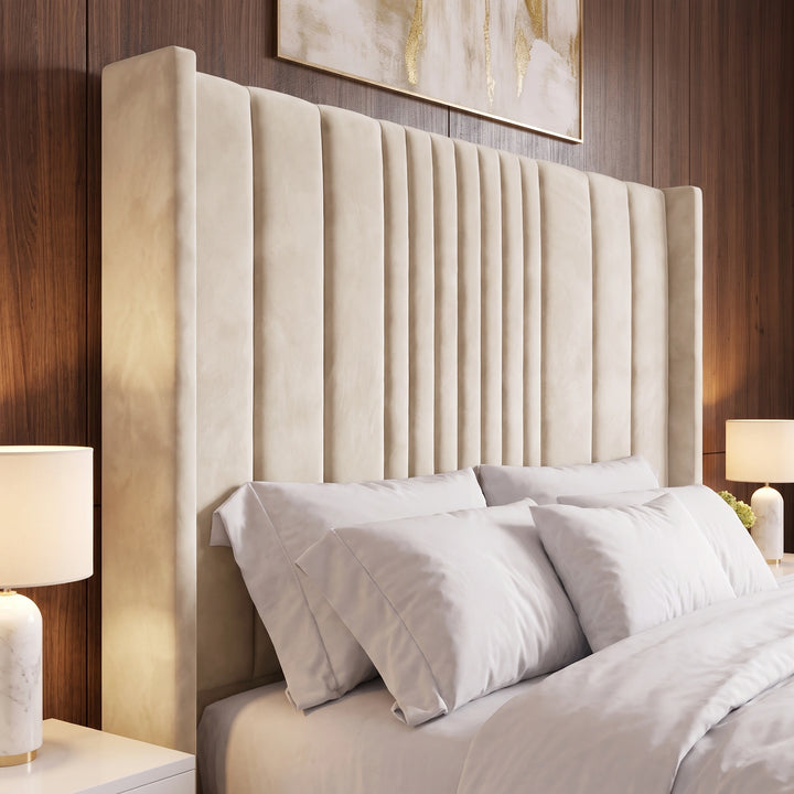 [King | Beige] Close-up tall winged headboard with deep vertical channel stitching on the ottoman bed frame