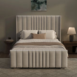 Winged Ottoman Bed Frame with Lines in beige featuring vertical panel detailing and hidden under-bed storage, ideal for modern bedroom décor.