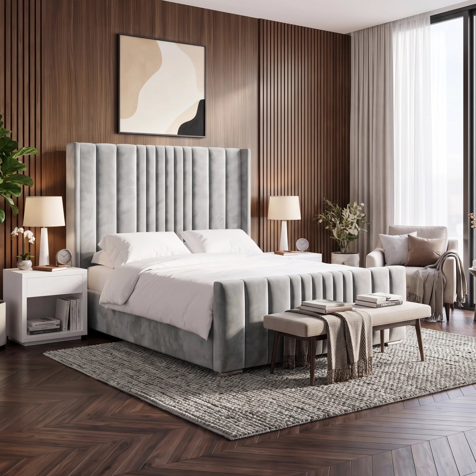 [Double | Light Grey] Side angle of winged ottoman bed with vertical channel-stitched headboard and matching footboard