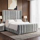 [Double | Light Grey] Side angle of winged ottoman bed with vertical channel-stitched headboard and matching footboard