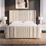 [Double | Beige] Winged ottoman bed in bright room showing vertical line headboard and matching footboard