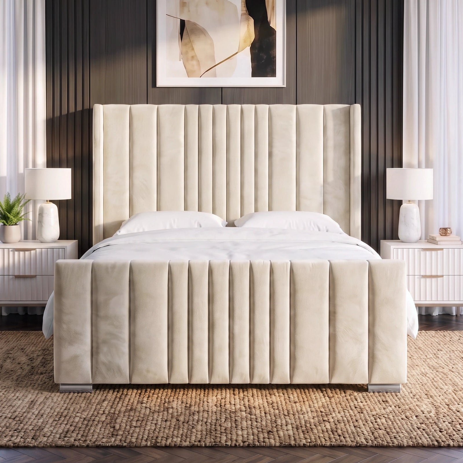 [Double | Beige] Winged ottoman bed in bright room showing vertical line headboard and matching footboard
