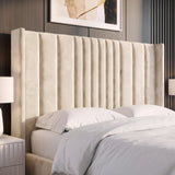 [Double | Beige] Winged tall upholstered headboard in a warm beige velvet-like fabric, shown on a bed with white bedding in a modern bedroom setting.