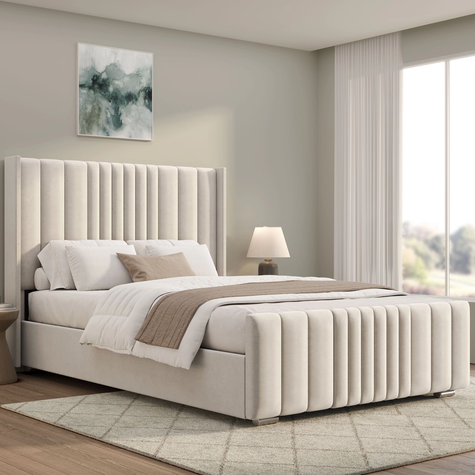 [Double | Beige] Ottoman bed from the side with tall winged headboard deep vertical fluted channels