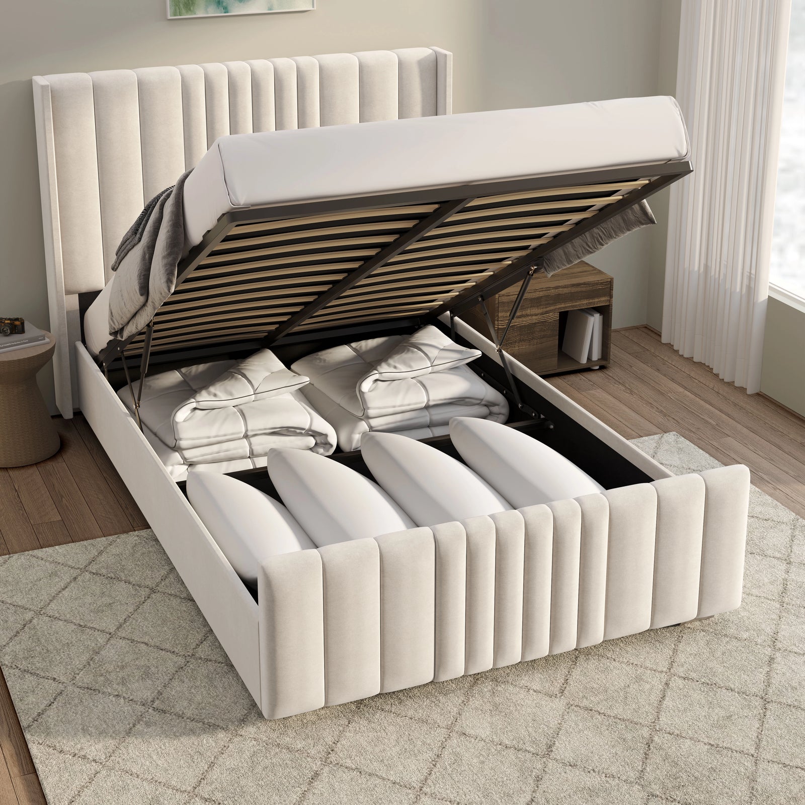 [Double | Beige] Winged ottoman bed storage open with bedding stored in deep compartment beneath slat base
