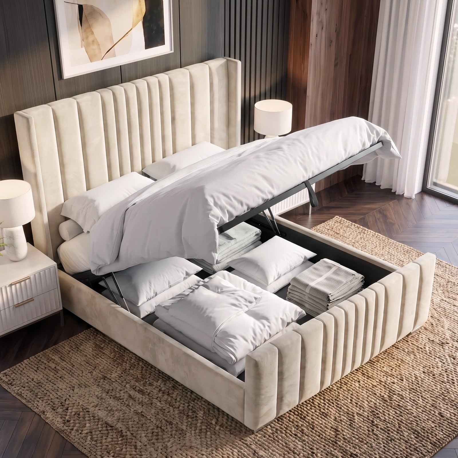 [Double | Beige] Winged ottoman bed upholstered lift-up storage bed in a modern bedroom, shown with the mattress lifted open to reveal the storage compartment filled with bedding and folded linens.