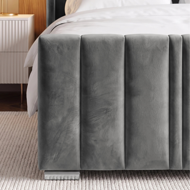 [Double | Grey] Bed frame footboard close-up with knit throw draped and vertical channels below