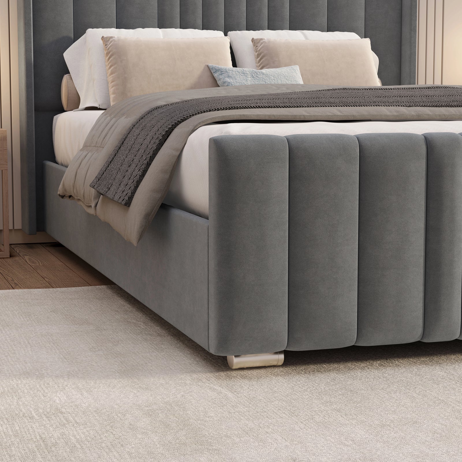 [Double | Grey] Bed frame footboard close-up with knit throw draped and vertical channels below
