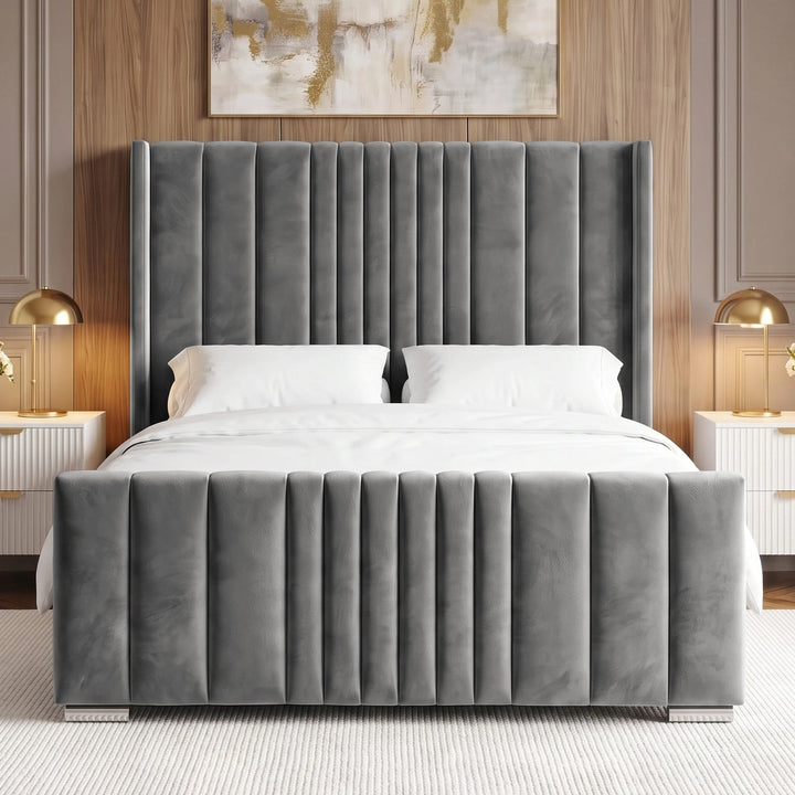 [Double | Grey] Front view of winged ottoman bed at night with vertical channel headboard and warm ambient lamps