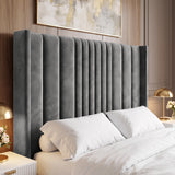 [Double | Grey] Headboard detail showing evenly spaced vertical fluted lines and winged edges