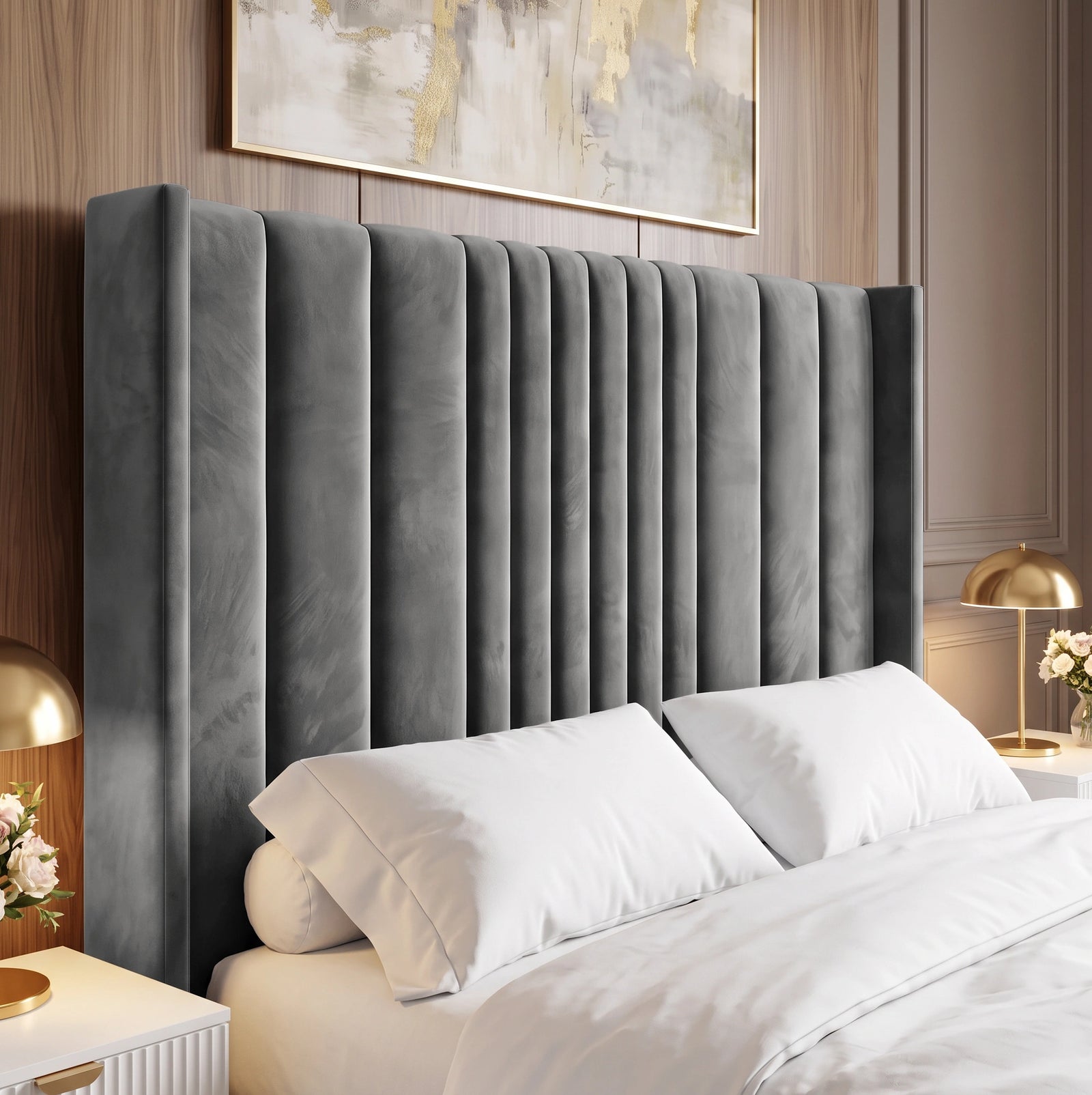 [Double | Grey] Headboard detail showing evenly spaced vertical fluted lines and winged edges