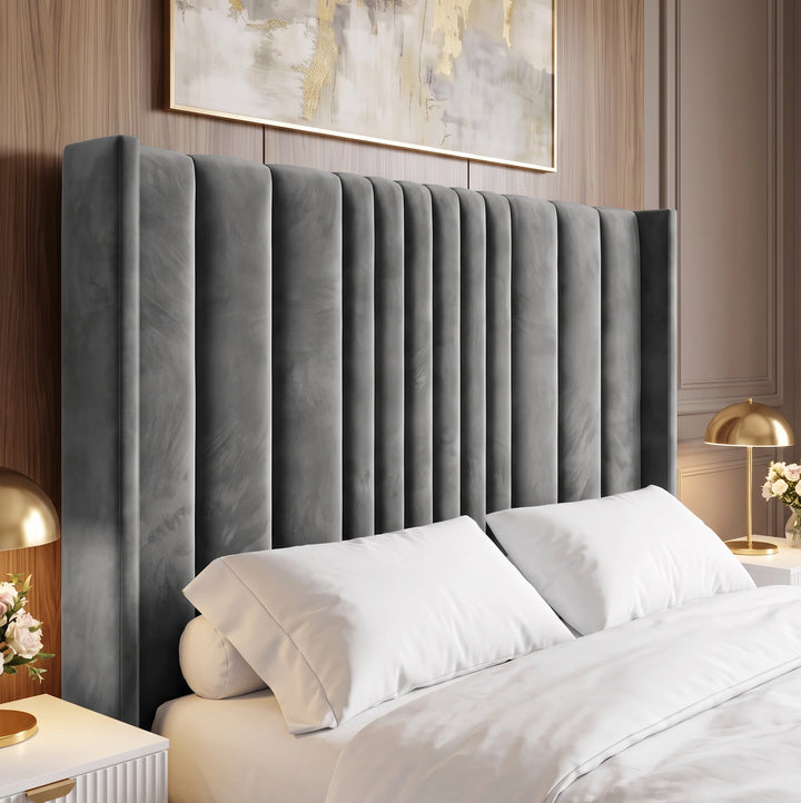 [Double | Grey] Headboard detail showing evenly spaced vertical fluted lines and winged edges