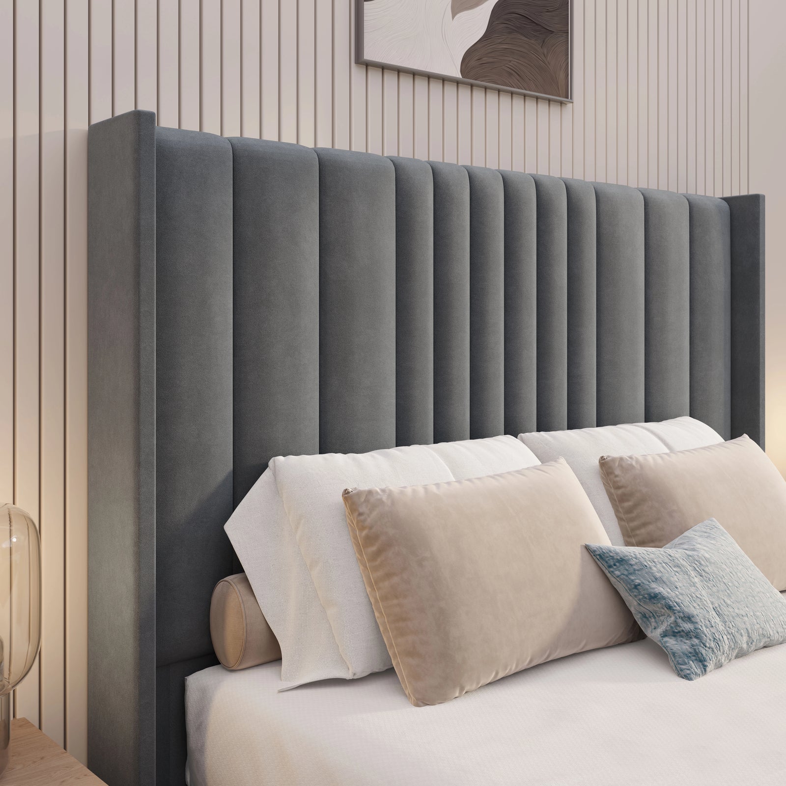 [Double | Grey] Headboard detail showing evenly spaced vertical fluted lines and winged edges