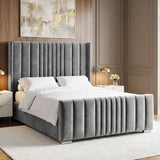 [Double | Grey] Side angle of winged ottoman bed with vertical channel-stitched headboard and matching footboard