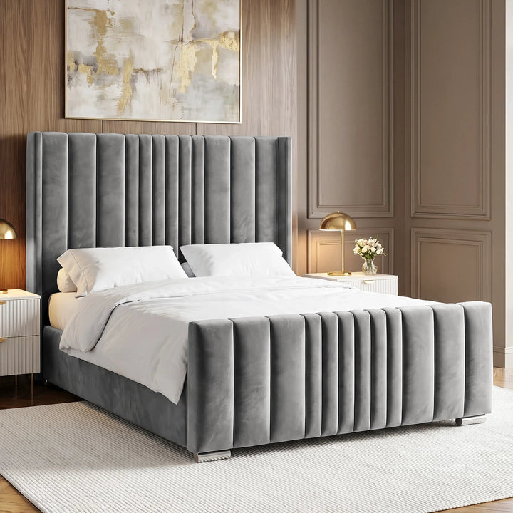[Double | Grey] Side angle of winged ottoman bed with vertical channel-stitched headboard and matching footboard