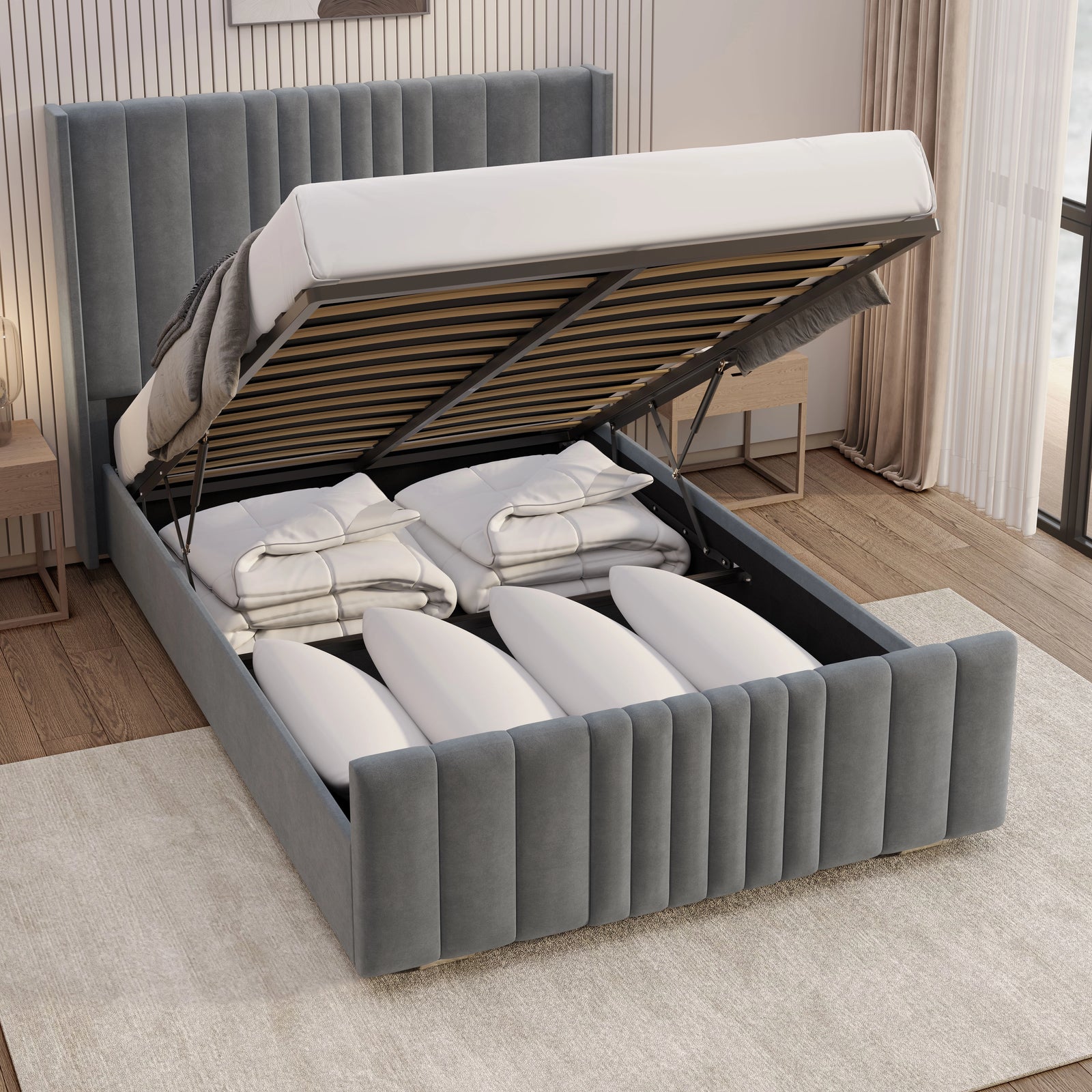 [Double | Grey] Ottoman bed lifted open from above revealing deep gas-lift storage with folded duvets and pillows