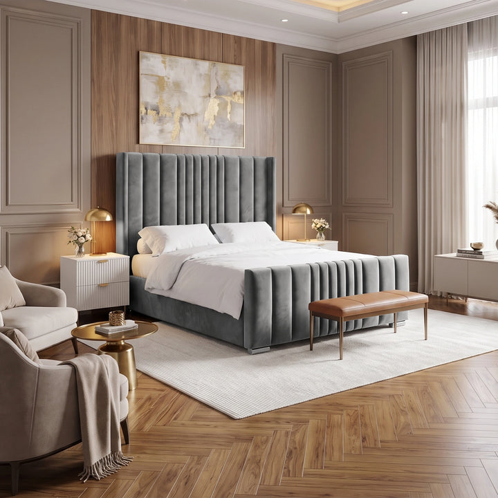 [Double | Grey] Wide daylight view of winged ottoman bed with vertical channels and abstract art on panelled wall