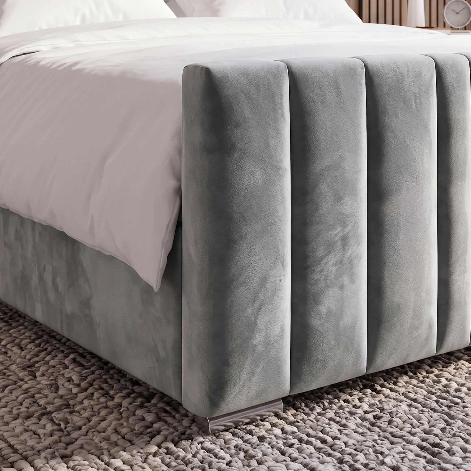 [Double | Light Grey] Footboard detail showing deep fluted velvet channels matching headboard design