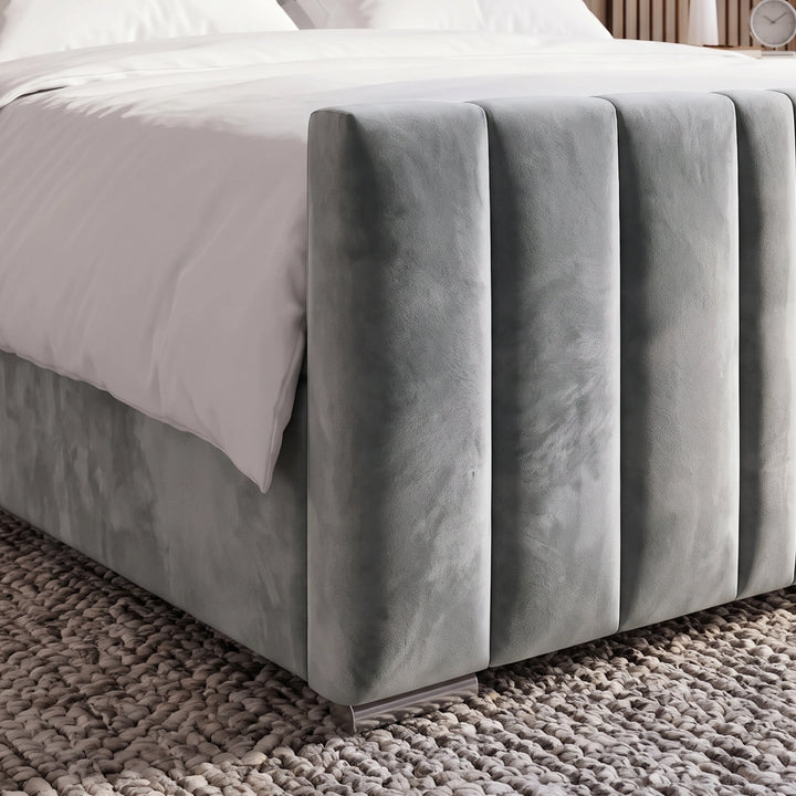 [Double | Light Grey] Footboard detail showing deep fluted velvet channels matching headboard design