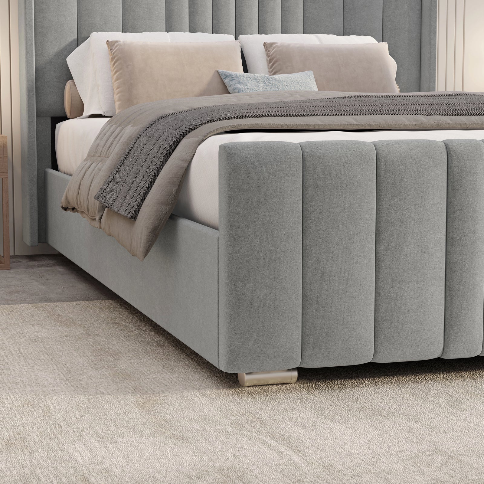 [Double | Light Grey] Footboard detail showing deep fluted velvet channels matching headboard design
