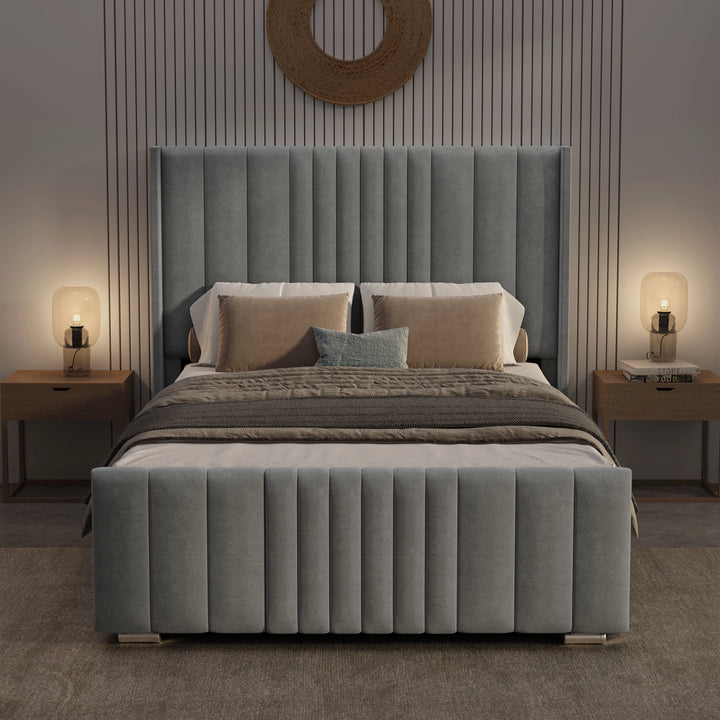 [Double | Light Grey] Symmetrical night scene with tall fluted headboard and matching footboard between nightstands