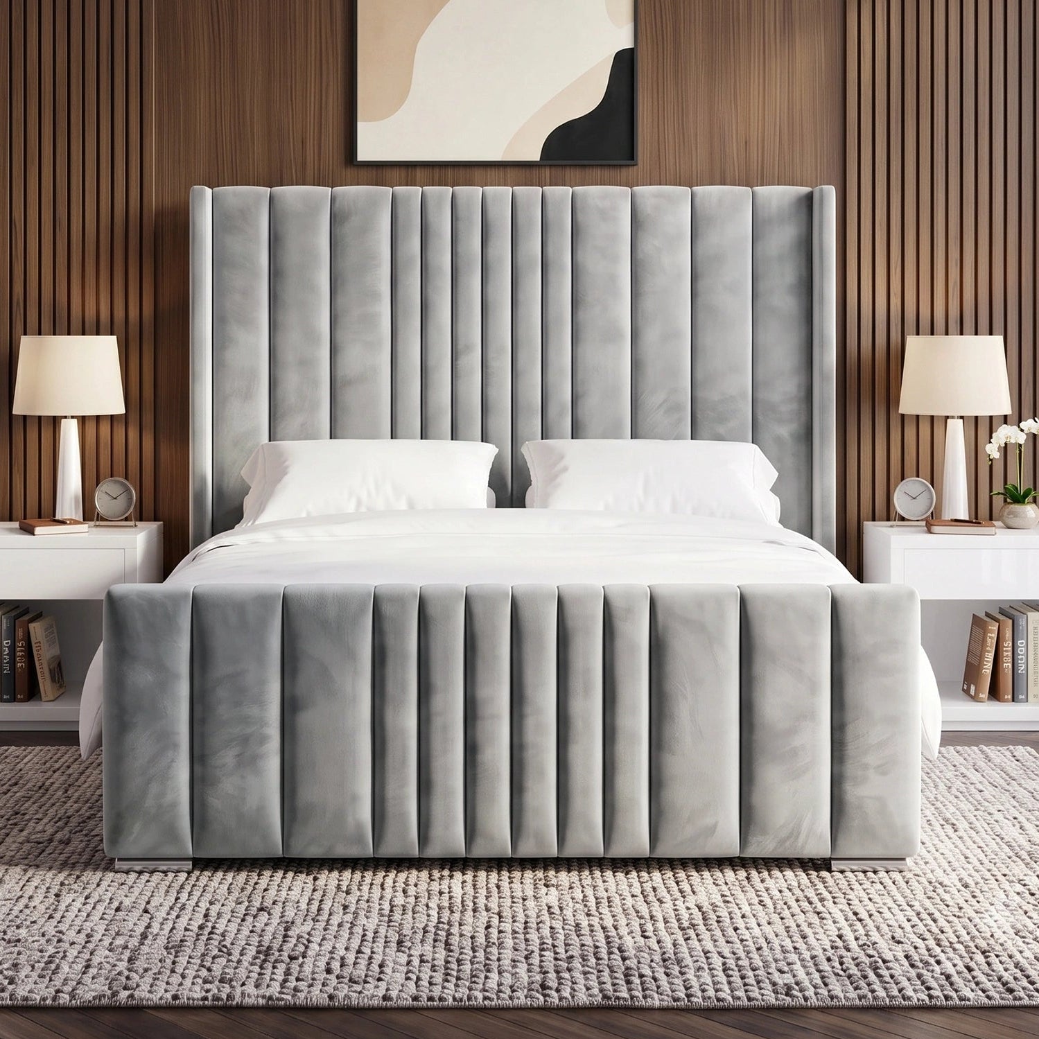[Double | Light Grey] Symmetrical day light scene with tall fluted headboard and matching footboard between nightstands
