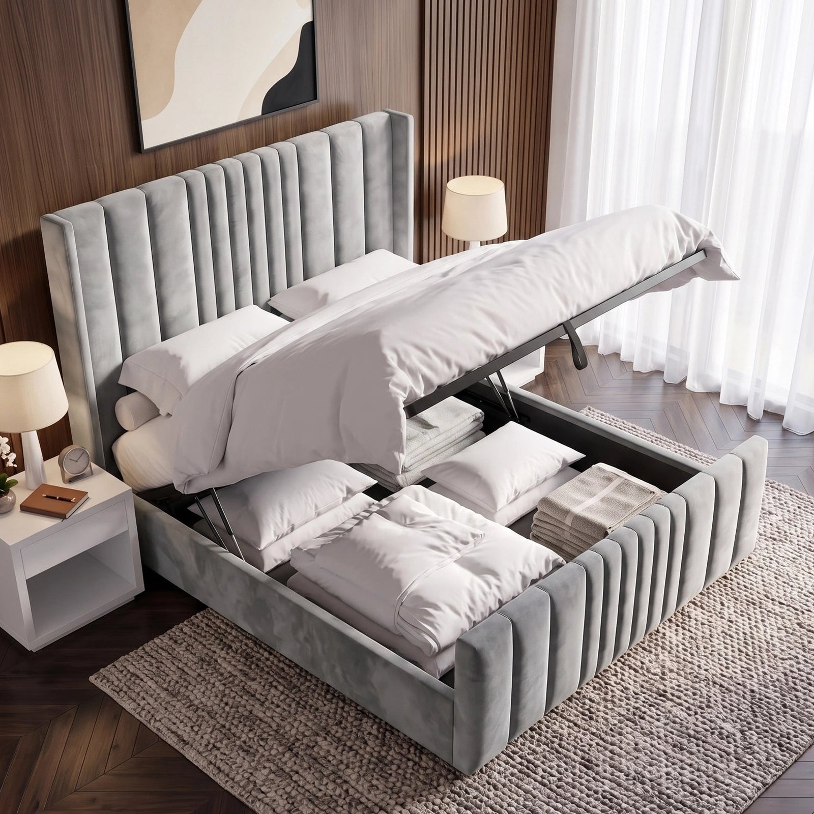 [Double | Light Grey] Gas-strut mechanism raising mattress showing full-length storage in channel-stitched frame
