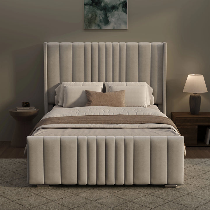 [King | Beige] Symmetrical night scene with tall fluted headboard and matching footboard between nightstands