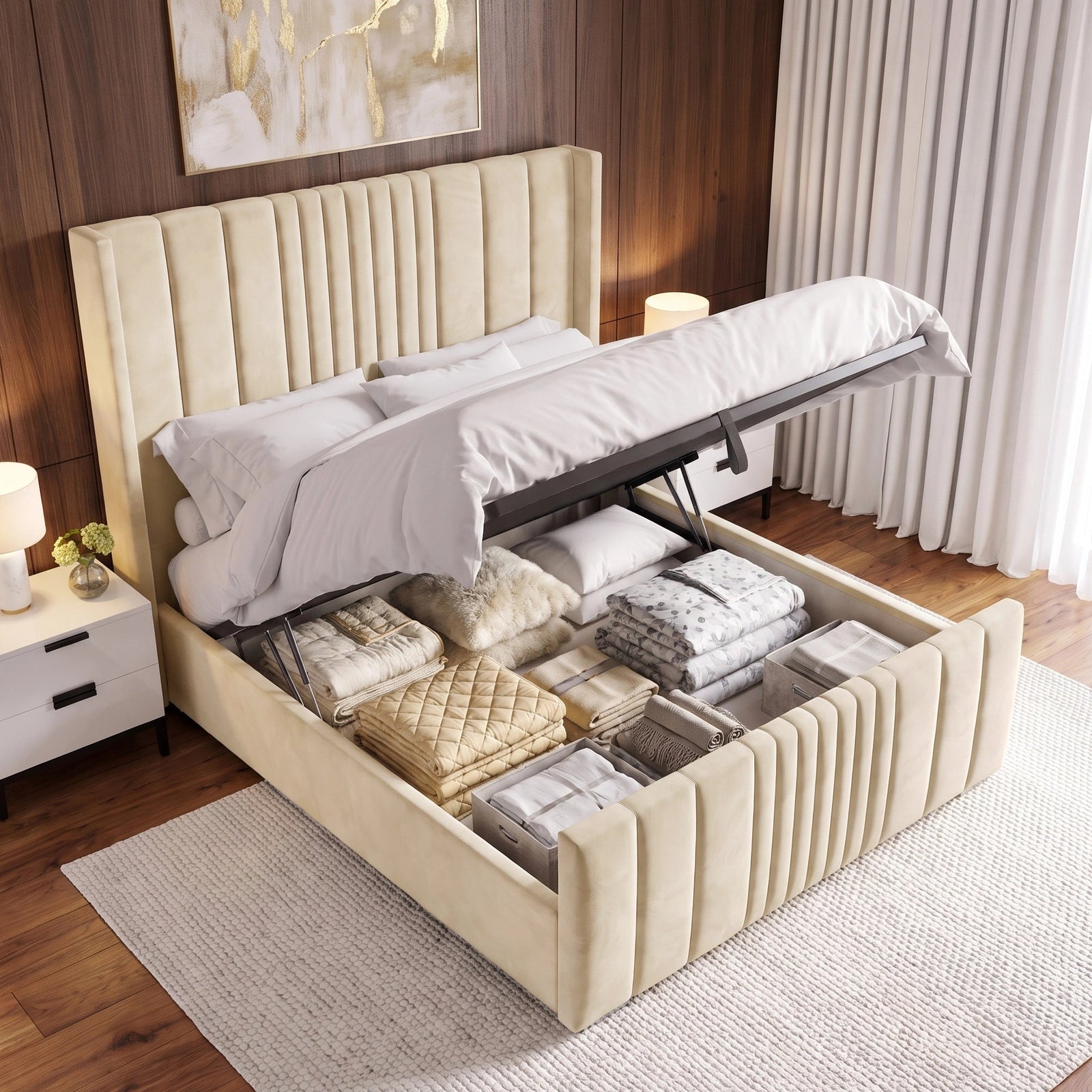 [King | Beige] Gas-strut mechanism raising mattress showing full-length storage in channel-stitched frame