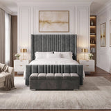 [King | Grey] An upholstered bed frame in a grey fabric, styled with white bedding, pillows, and a beige throw blanket in a modern bedroom setting.