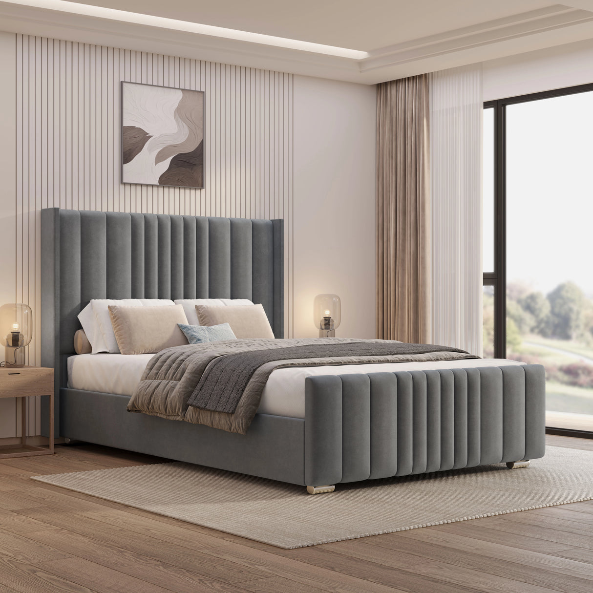 [King | Grey] Winged ottoman bed in bright room showing vertical line headboard and matching footboard