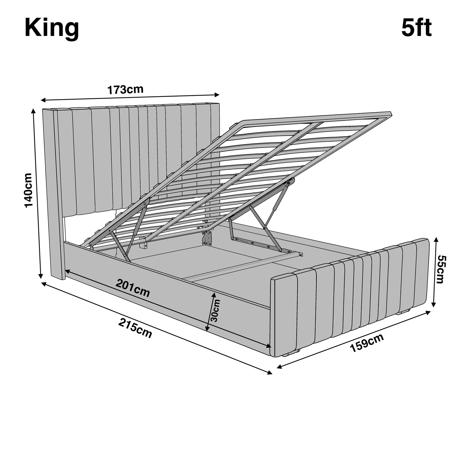 [King | Light Grey] Dimensions diagram showing 173cm headboard width and 215cm length with 140cm height