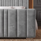 [King | Light Grey] upholstered bed frame in a warm cream or off-white fabric, styled with white bedding, pillows, and a beige throw blanket in a bedroom setting.