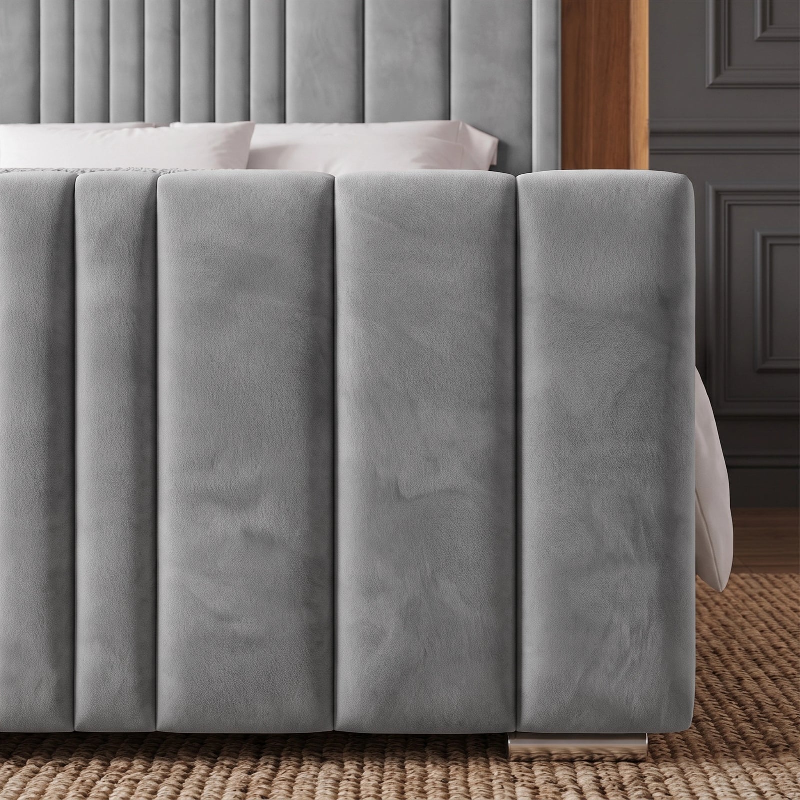 [King | Light Grey] upholstered bed frame in a warm cream or off-white fabric, styled with white bedding, pillows, and a beige throw blanket in a bedroom setting.