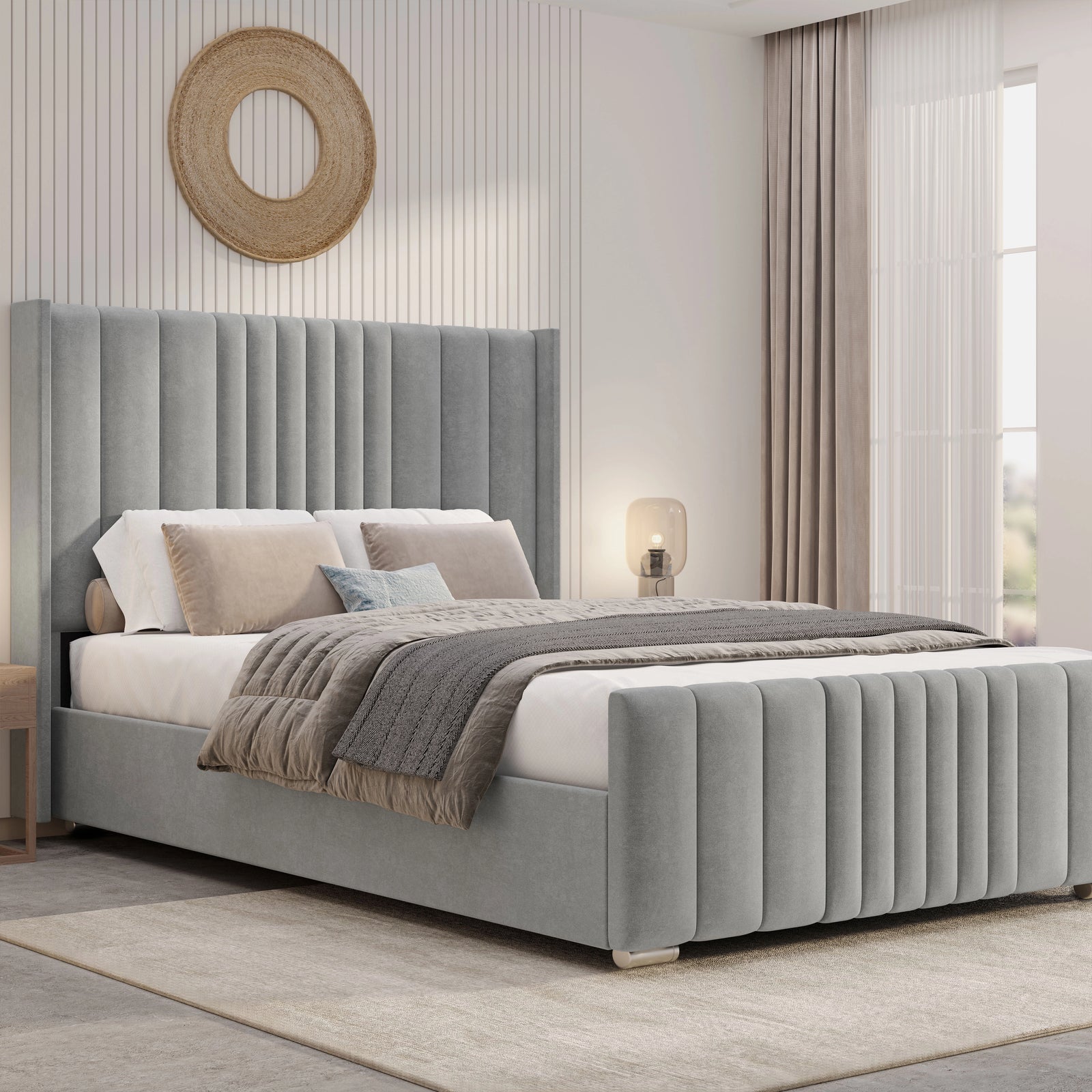 [King | Light Grey] Side angle of winged ottoman bed with vertical channel-stitched headboard and matching footboard