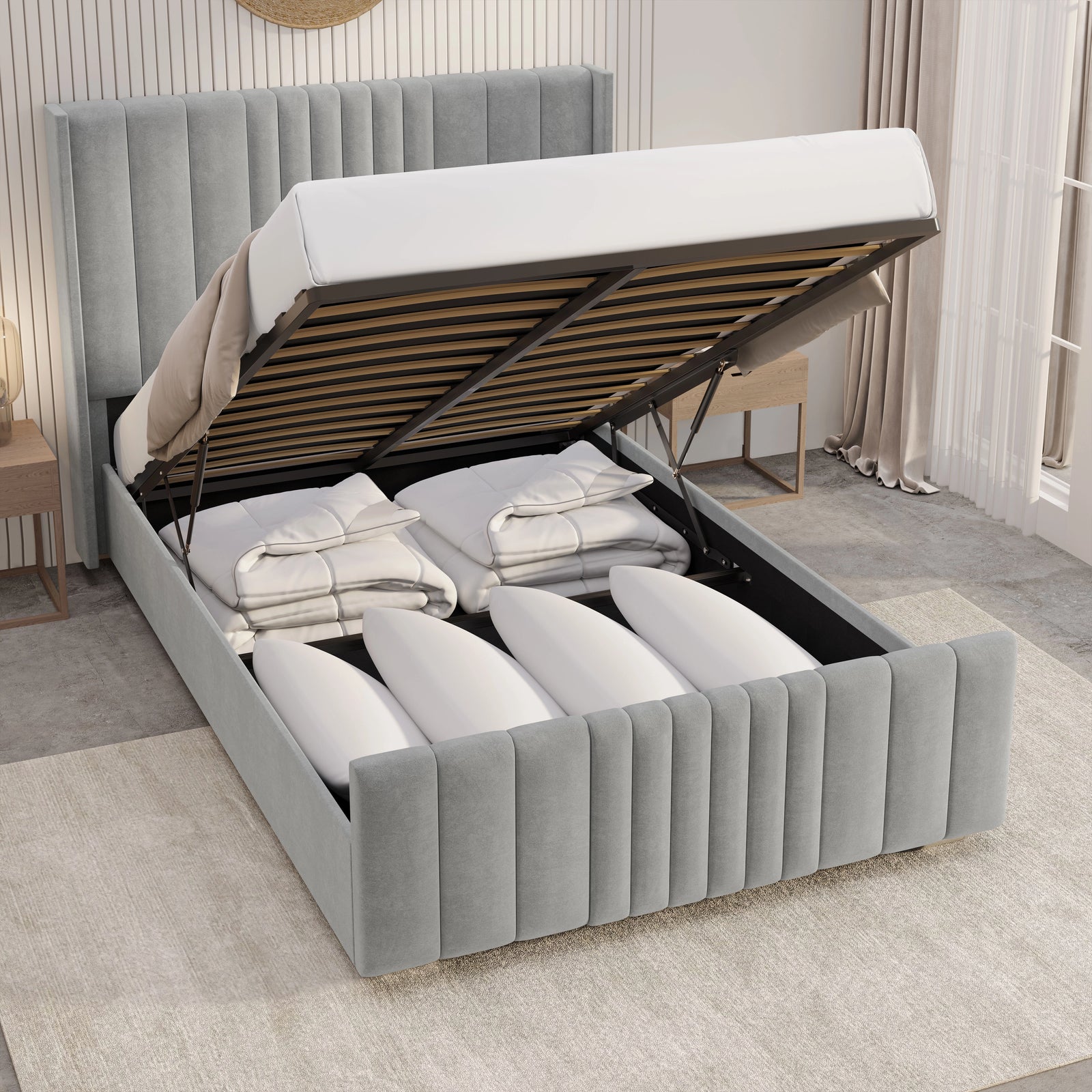 [King | Light Grey] Ottoman bed lifted open from above revealing deep gas-lift storage with folded duvets and pillows