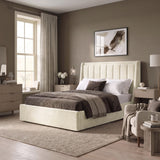 [Beige | Double] Winged ottoman storage bed angled room view with winged vertical panel headboard and bedding