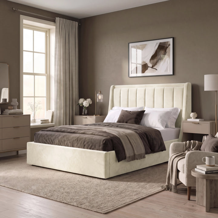 [Beige | Double] Winged ottoman storage bed angled room view with winged vertical panel headboard and bedding